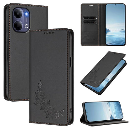 Peony Embossed Magnetic RFID Vegan Leather Phone Case, For vivo Y21 5G Global / Y05 4G, For vivo Y21 5G 2026 / Y04 4G