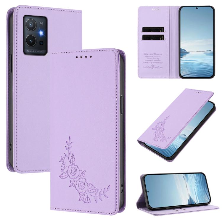 Peony Embossed Magnetic RFID Vegan Leather Phone Case, For vivo V27e 4G / T2 4G Global, For vivo Y55s / Y55 / Y75 5G