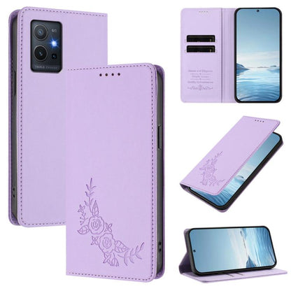 Peony Embossed Magnetic RFID Vegan Leather Phone Case, For vivo V27e 4G / T2 4G Global, For vivo Y55s / Y55 / Y75 5G
