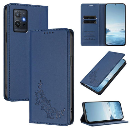 Peony Embossed Magnetic RFID Vegan Leather Phone Case, For vivo V27e 4G / T2 4G Global, For vivo Y55s / Y55 / Y75 5G