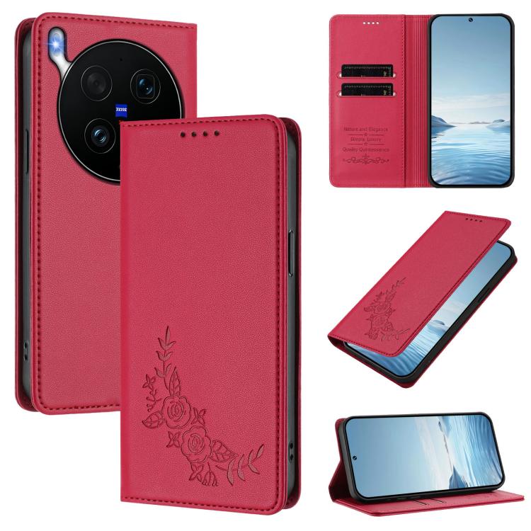 Peony Embossed Magnetic RFID Vegan Leather Phone Case, For vivo iQOO Z11 Turbo 5G, For vivo X300 Ultra 5G