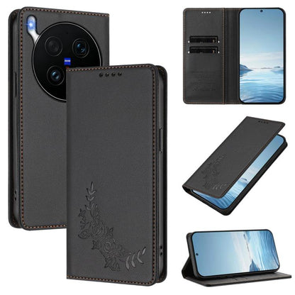 Peony Embossed Magnetic RFID Vegan Leather Phone Case, For vivo iQOO Z11 Turbo 5G, For vivo X300 Ultra 5G