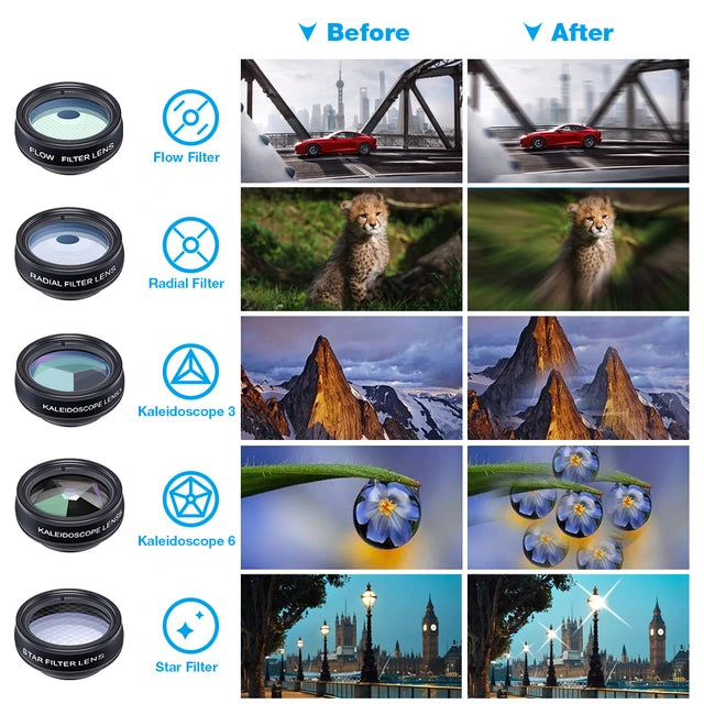 [New] APEXEL 10 in 1 Combo Pack 22X Mobile Zoom Lens, Fisheye lens, Wide Angle, Macro, and Filters