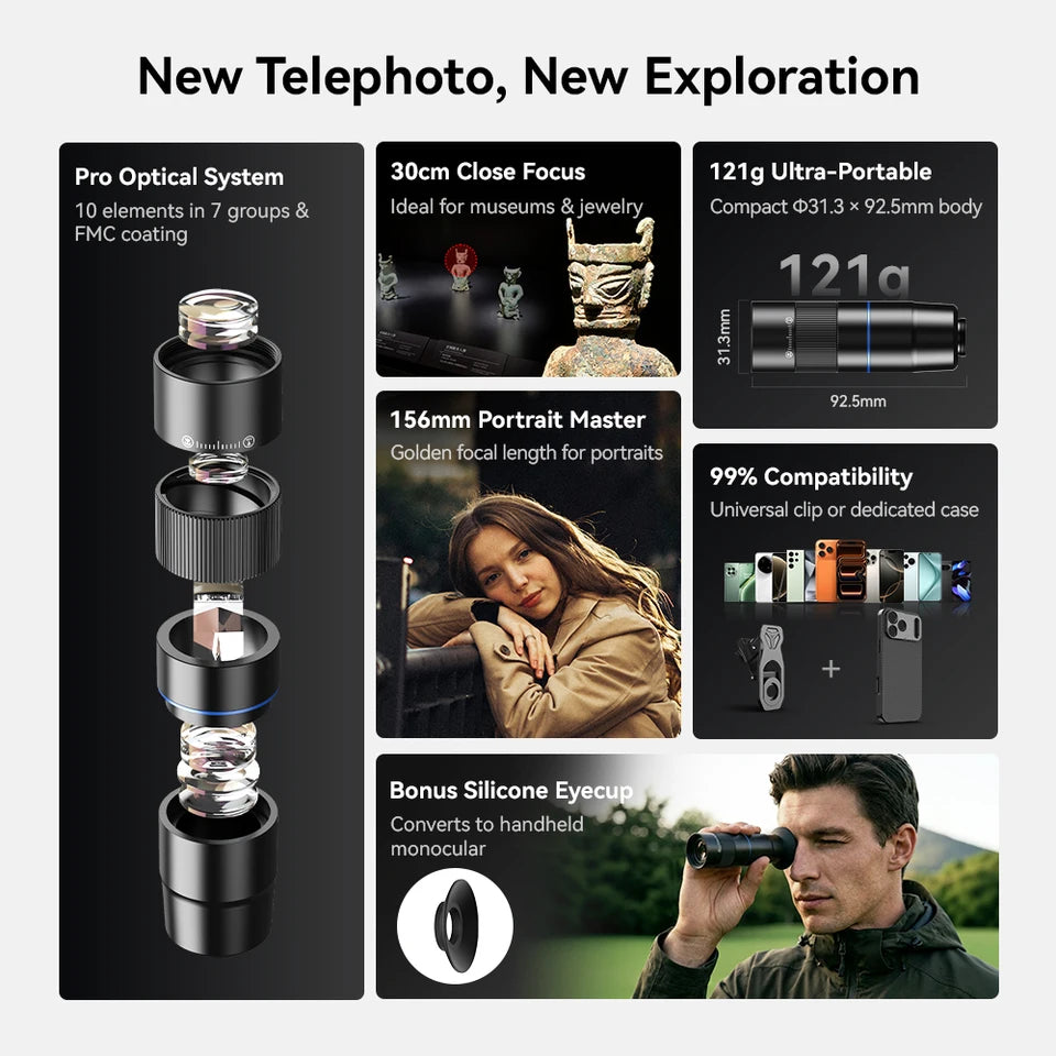 [New] Apexel 6x Close Focus 156mm Telephoto Lens for Mobile Phone [2026] (APL-TM6L)