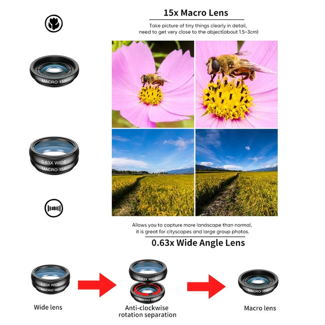 [New] APEXEL 10 in 1 Combo Pack 22X Mobile Zoom Lens, Fisheye lens, Wide Angle, Macro, and Filters
