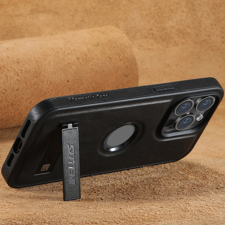 Suteni G2 Magsafe Oil Wax Leather Back Phone Case with Holder, For iPhone 12 Pro