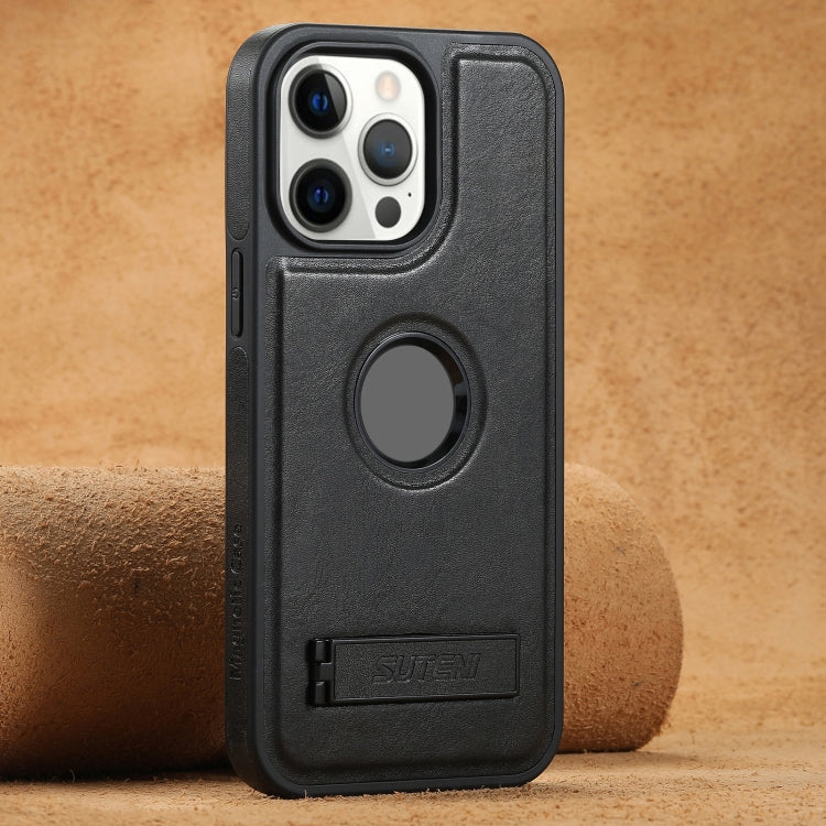 Suteni G2 Magsafe Oil Wax Leather Back Phone Case with Holder, For iPhone 12 Pro