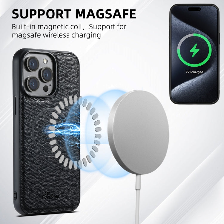 Suteni H18 Cross Grain MagSafe Wallet Leather Phone Case, For iPhone 12 Pro