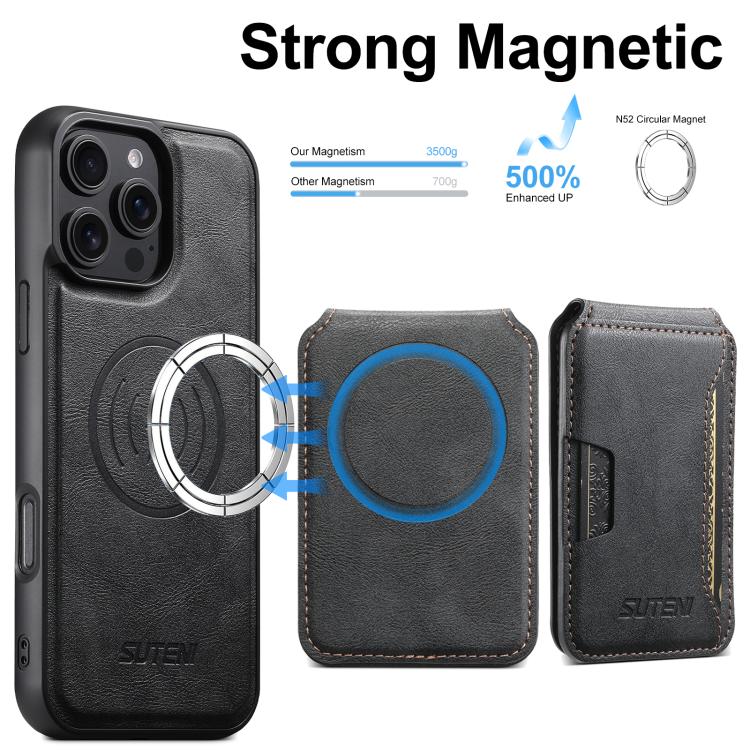Suteni M3 Card Bag MagSafe Cowhide Texture Leather Phone Case, For iPhone 12 Pro
