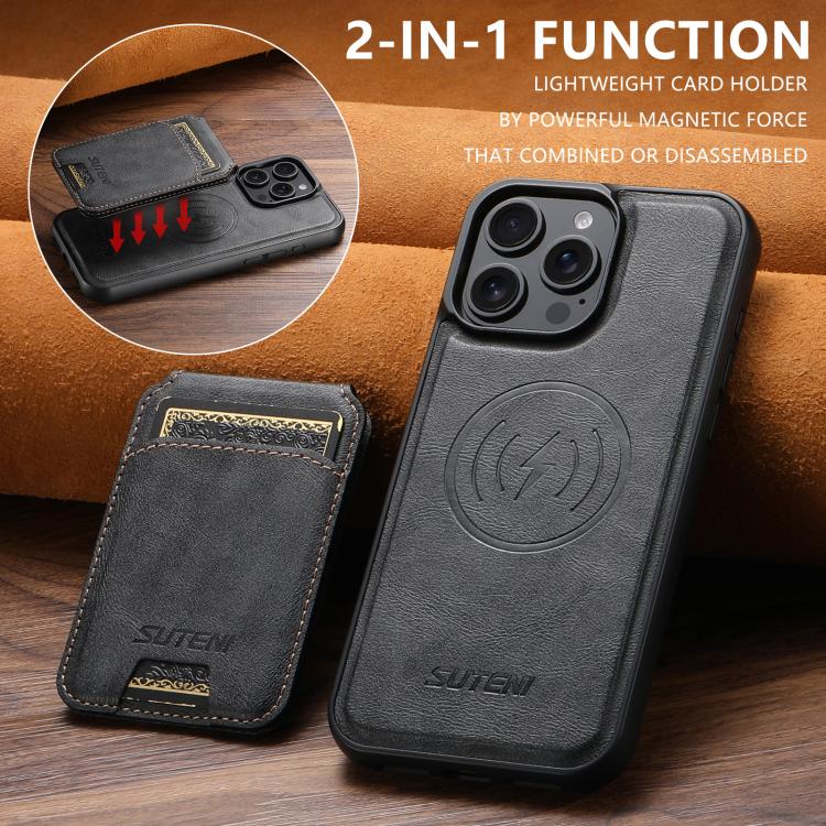 Suteni M5 Magnetic Card Bag MagSafe Cowhide Texture Leather Phone Case, For iPhone 12 Pro
