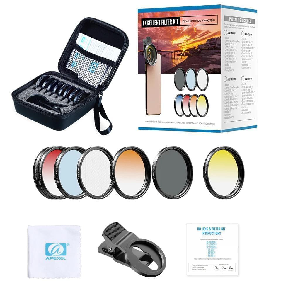 APEXEL 7 in 1 52mm UV Grad Blue + Red + Orange + Yellow Color Filters + CPL + Star + ND32 Filter Kit