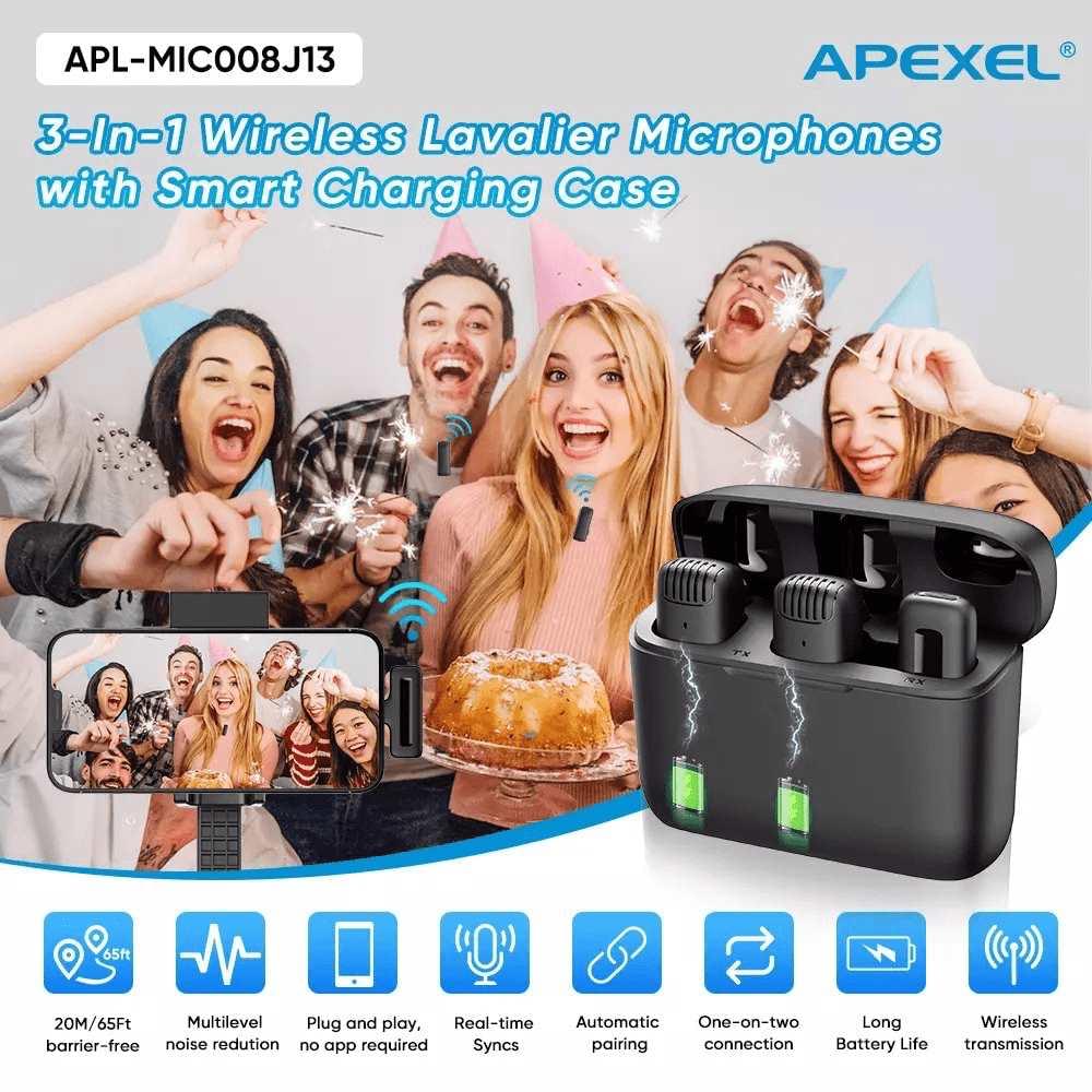 [New] APEXEL Wireless Noise Cancelling Microphone With Charging Case